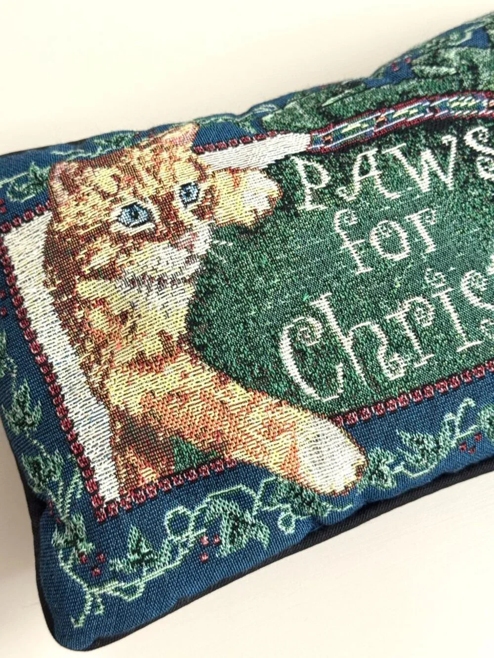 Vtg Paws for Christmas Orange Cat Tapestry Throw Pillow Plaid Holiday Festive